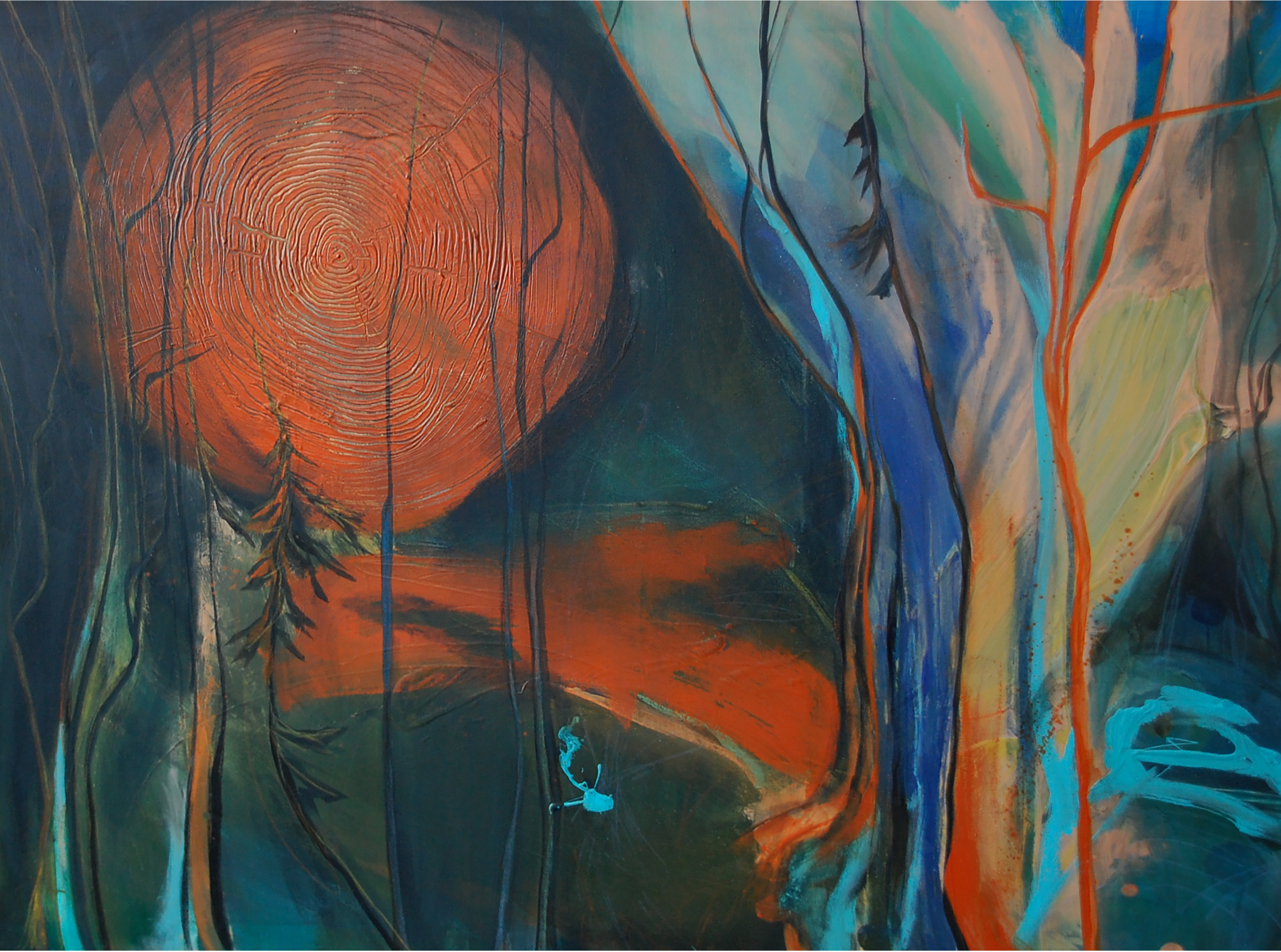 Abstract painting featuring a mix of warm and cool colors with elongated forms, possibly representing a stylized landscape or celestial scene.